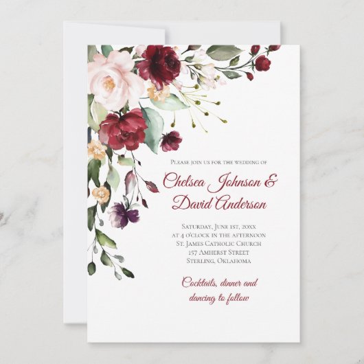 Donkerrode winter bloemenbruiloft uitnodiging (Voorkant)