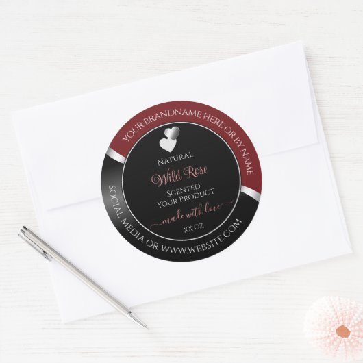 Donkerrode Zwarte Golvende Zilveren Hartjes Produc Ronde Sticker (Envelop)