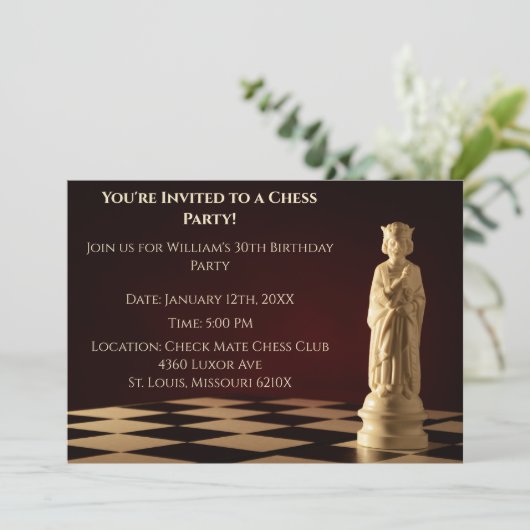 Donkerrood 30e verjaardag partij schaakkoning kaart (Staand voorkant)