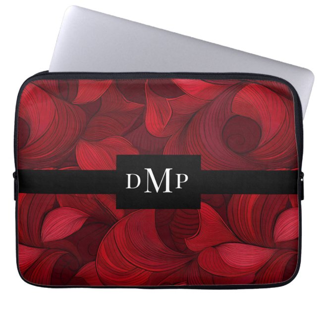 Donkerrood Abstract bladpatroon monogram Laptop Sleeve (Voorkant)