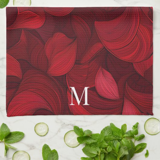 Donkerrood Abstract bladpatroon Theedoek (Gevouwen)