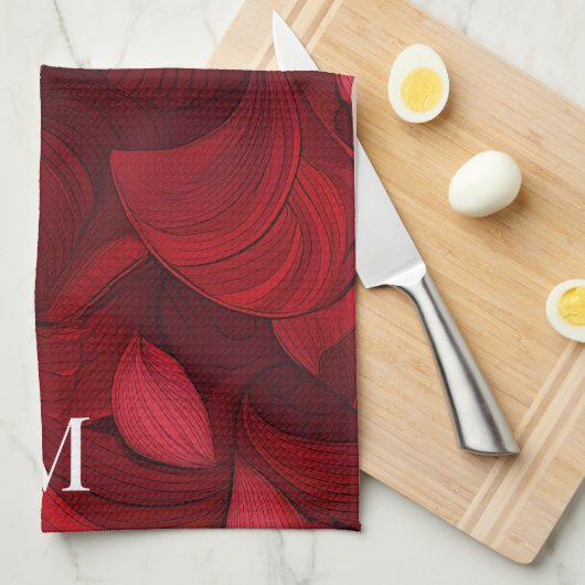 Donkerrood Abstract bladpatroon Theedoek (Quarter Fold)