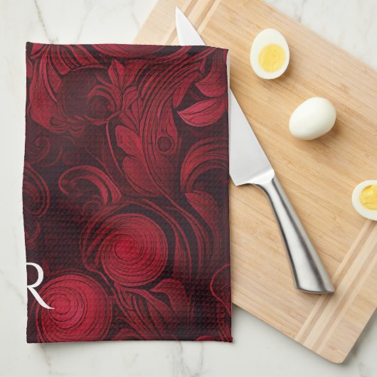 Donkerrood Abstract wervelpatroon monogram Theedoek (Quarter Fold)