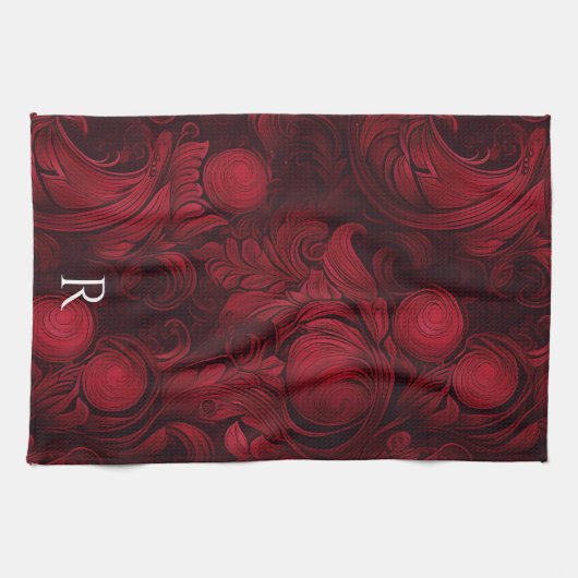 Donkerrood Abstract wervelpatroon monogram Theedoek (Horizontaal)