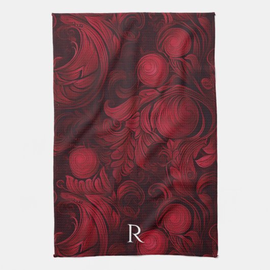 Donkerrood Abstract wervelpatroon monogram Theedoek (Verticaal)
