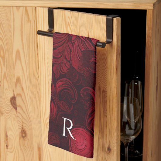 Donkerrood Abstract wervelpatroon monogram Theedoek (Derde Gevouwen)