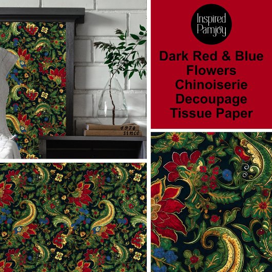 Donkerrood & Blauw Bloemen Chinoiserie Decoupage Tissuepapier