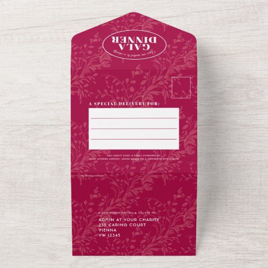 Donkerrood botanisch patroon gala dinegebeurtenis all in one uitnodiging (Buitenkant)