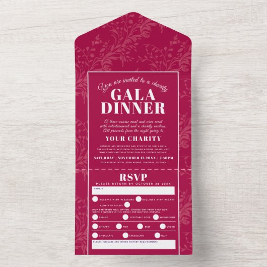 Donkerrood botanisch patroon gala dinegebeurtenis all in one uitnodiging (Binnen)