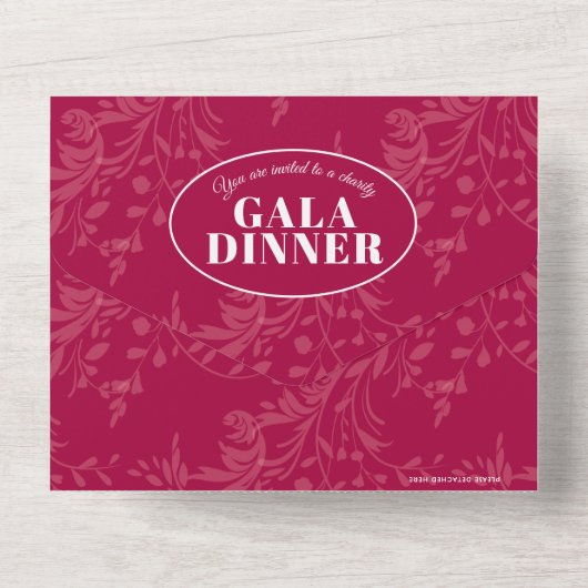 Donkerrood botanisch patroon gala dinegebeurtenis all in one uitnodiging (Achterkant)