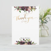Donkerrood Bourgogne Bloemen Goud Flat Dank u kaar Bedankkaart (Staand voorkant)