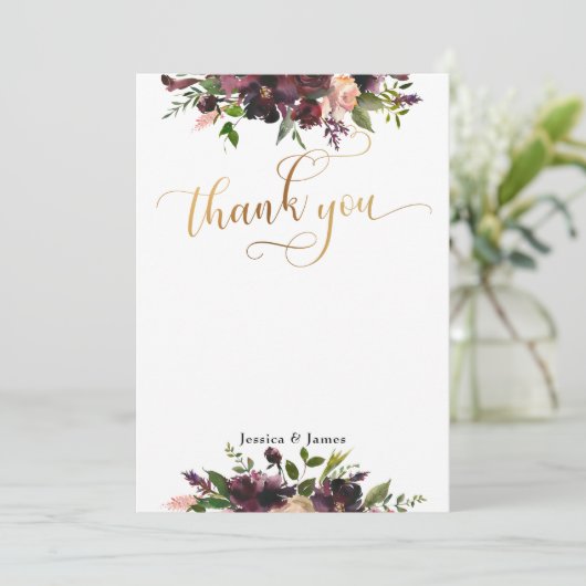 Donkerrood Bourgogne Bloemen Goud Flat Dank u kaar Bedankkaart (Staand voorkant)