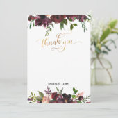 Donkerrood Bourgogne Bloemen Goud Flat Dank u kaar Bedankkaart (Staand voorkant)