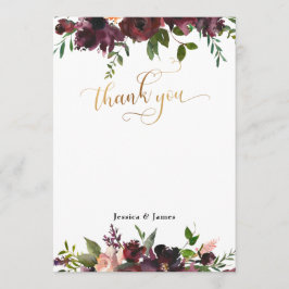 Donkerrood Bourgogne Bloemen Goud Flat Dank u kaar Bedankkaart