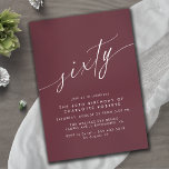 Donkerrood Bourgogne | Formele Maroon 60e verjaard Kaart<br><div class="desc">Elegante minimal-stijl 60e verjaardag uitnodigingen met kop "zestig" tekst in een handgeschreven script. Wit lettertype op een donkerrode achtergrond.</div>