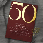 Donkerrood Bourgogne   goud | Elegante 50ste verja Folie Uitnodiging<br><div class="desc">Moderne 50ste verjaardagsuitnodigingen met een grote kop "50" in echte metallic folie. De gegevens van uw evenement worden hieronder in mat wit lettertype afgedrukt. Goud op een donkerrode achtergrond.</div>
