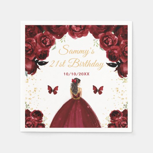 Donkerrood Brunette Hair Princess Verjaardagsfeest Servet (Voorkant)
