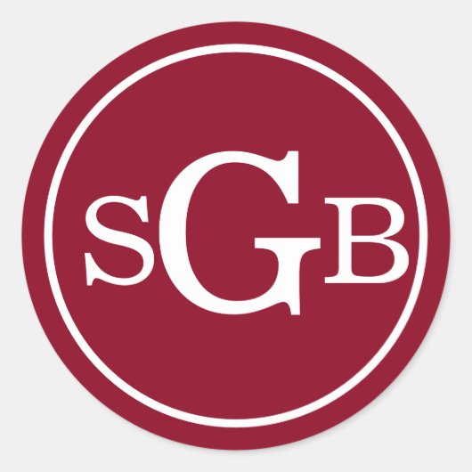 Donkerrood cirkelvormig traditioneel monogram ronde sticker (Voorkant)