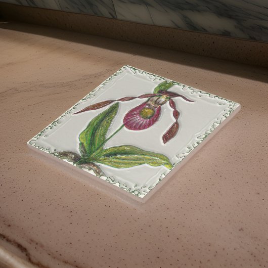  donkerrood dame slipper orchidee botanisch tegeltje