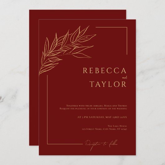 Donkerrood Elegant Minimale bruiloft uitnodiging (Voorkant / Achterkant)
