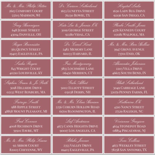 Donkerrood Elegant Script 24 Bruiloft Gast Adres Sticker (Voorkant)