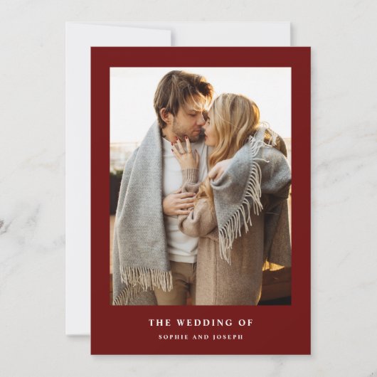 Donkerrood Elegante Tekst en Foto | QR-code bruilo Kaart (Voorkant)