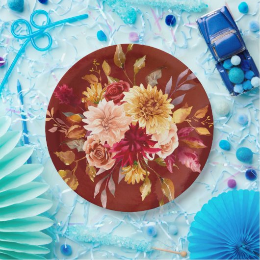 Donkerrood en geel Dahlia Bloemen Bruiloft Papieren Bordje (Feest)