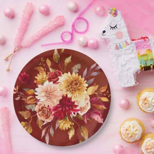 Donkerrood en geel Dahlia Bloemen Bruiloft Papieren Bordje (Feest)