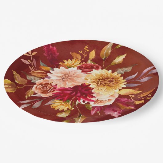 Donkerrood en geel Dahlia Bloemen Bruiloft Papieren Bordje (Gekanteld)