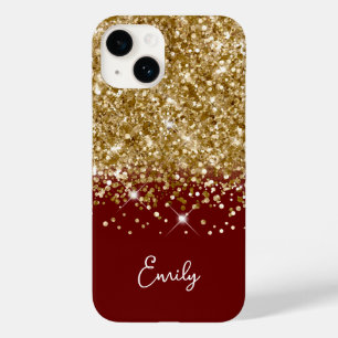Donkerrood en goud glitter glamour Case-Mate iPhone 14 hoesje