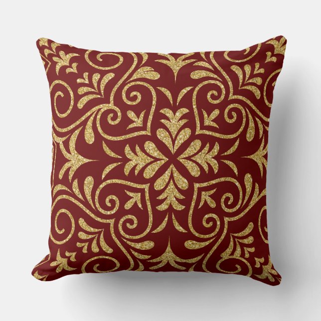 Donkerrood en gouden glitter Floral Moroccan Motiv Kussen (Voorkant)
