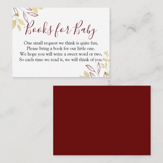 Donkerrood- en goudfolieboekaanvraag Baby shower Informatiekaartje (Voorkant / Achterkant)