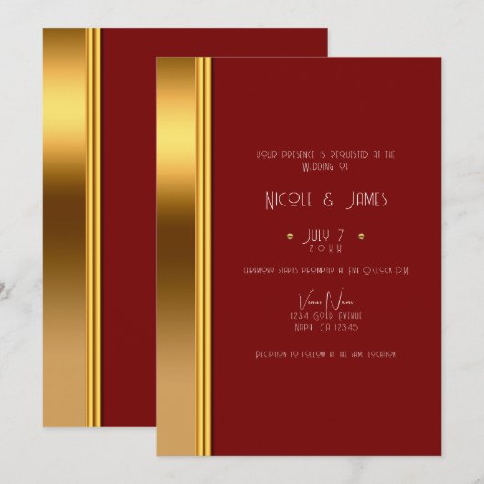 Donkerrood en goudlegant koninklijk huwelijk kaart (Voorkant / Achterkant)