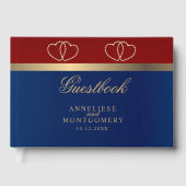 Donkerrood en marineblauw met gouden harten gastenboek (Voorkant)