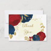 donkerrood en marinesblauwe bloemen gouden bruilof bedankkaart (Voorkant)