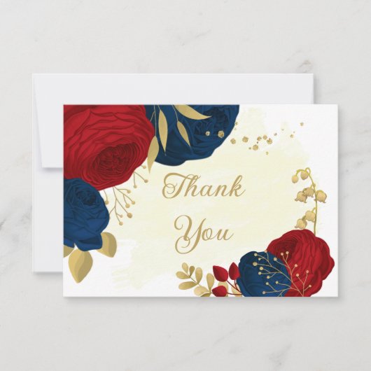 donkerrood en marinesblauwe bloemen gouden bruilof bedankkaart (Voorkant)