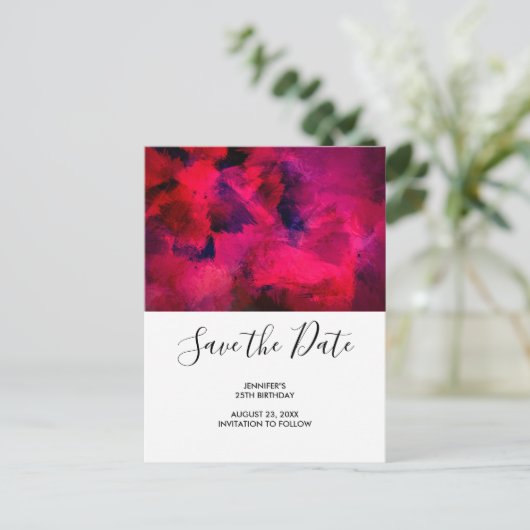 Donkerrood en Paarse Vette Verjaardag Save the Dat Uitnodiging Briefkaart (Staand voorkant)