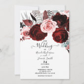 Donkerrood en roze Floral Greenery White Wedding Kaart (Voorkant)