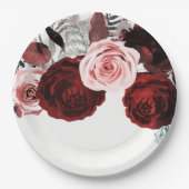 Donkerrood en roze Floral Greenery White Wedding Papieren Bordje (Voorkant)