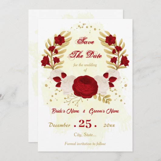 donkerrood en witte bloemen goud botanisch save the date (Voorkant / Achterkant)