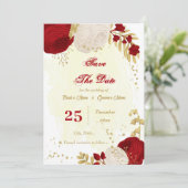 donkerrood en witte bloemen goud botanisch save the date (Staand voorkant)