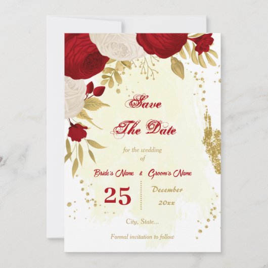 donkerrood en witte bloemen goud botanisch save the date (Voorkant)
