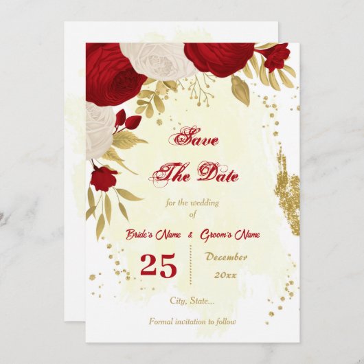 donkerrood en witte bloemen goud botanisch save the date (Voorkant / Achterkant)