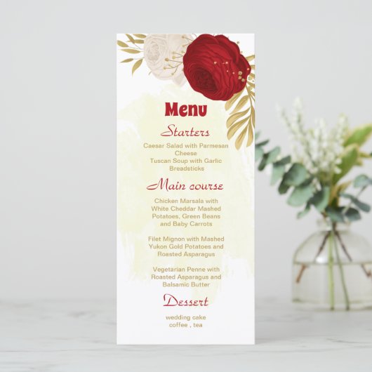 donkerrood en witte bloemen goud botanische bruilo menu (Staand voorkant)
