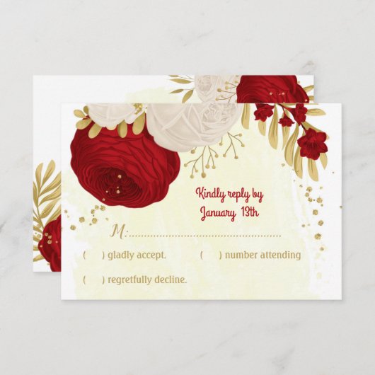 donkerrood en witte bloemen gouden botanische brui RSVP kaartje (Voorkant / Achterkant)