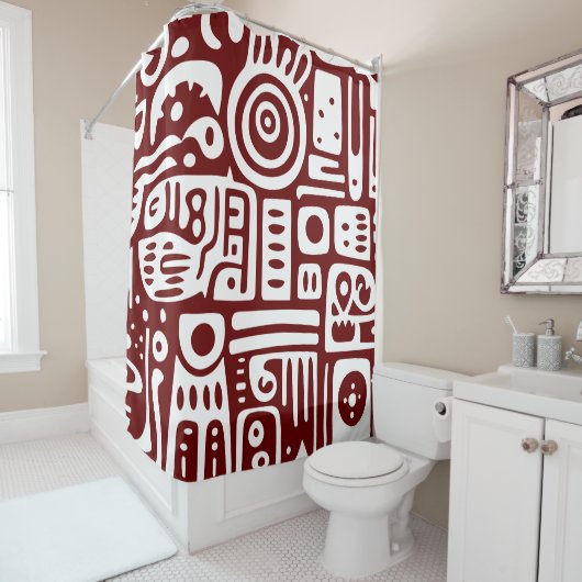 Donkerrood en witte doodles 3 van 4 douchegordijn (In situ)