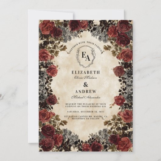 Donkerrood en zwart kant Roos bruiloft Kaart (Voorkant)