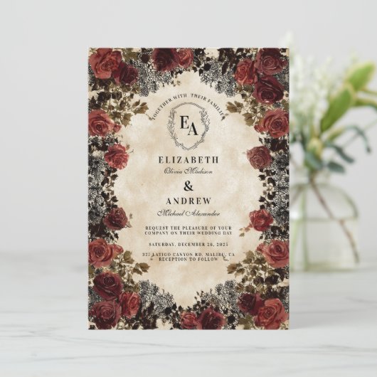 Donkerrood en zwart kant Roos bruiloft Kaart (Staand voorkant)