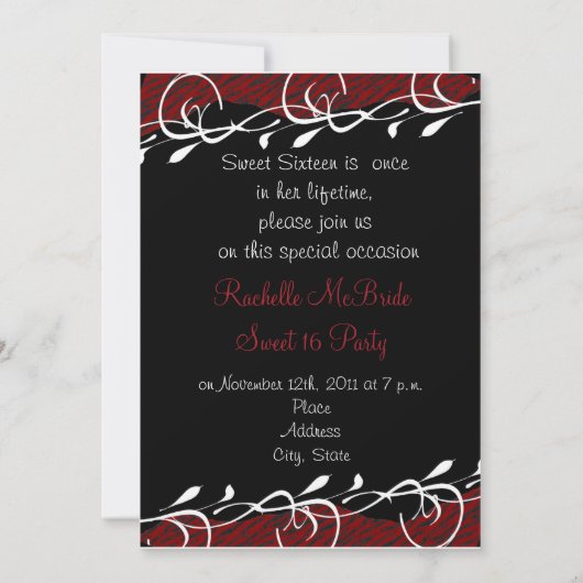 Donkerrood en zwarte zebra Print Sweet 16 Uitnodig Kaart (Achterkant)