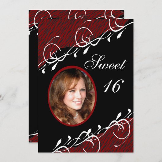 Donkerrood en zwarte zebra Print Sweet 16 Uitnodig Kaart (Voorkant / Achterkant)